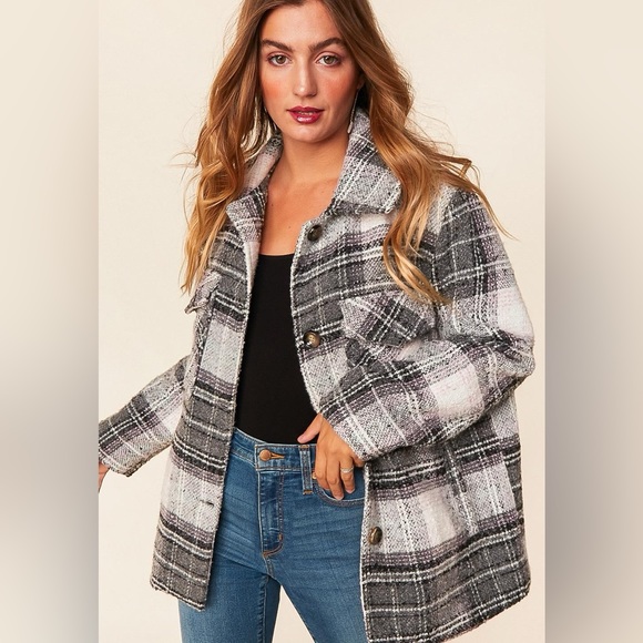 Flannel Plaid Button Down Coat, black/Gray/Blush/White, size small - Picture 4 of 13